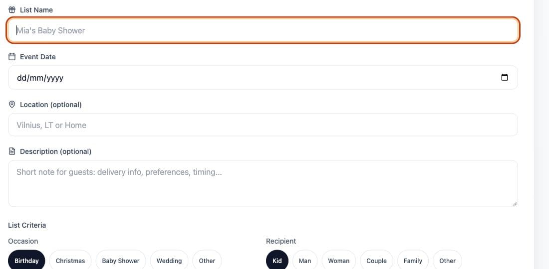 Claim A Gift creator form with list name, event details, and list criteria