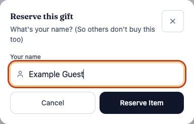 Claim A Gift reservation dialog with a synthetic example guest name
