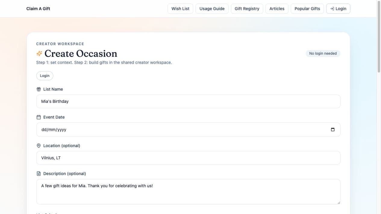 Claim A Gift creator form with list name, event details, and list criteria