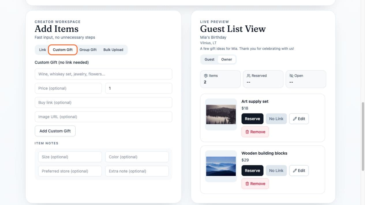 Claim A Gift creator workspace showing gift entry options and a live guest preview