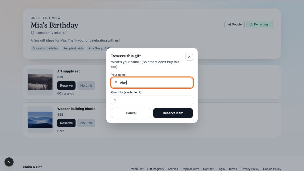 Claim A Gift reservation dialog asking for the guest name and quantity